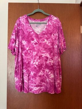 Terra & Sky Pink Tie-Dye V-Neck Short Sleeve Tee, Size 2X